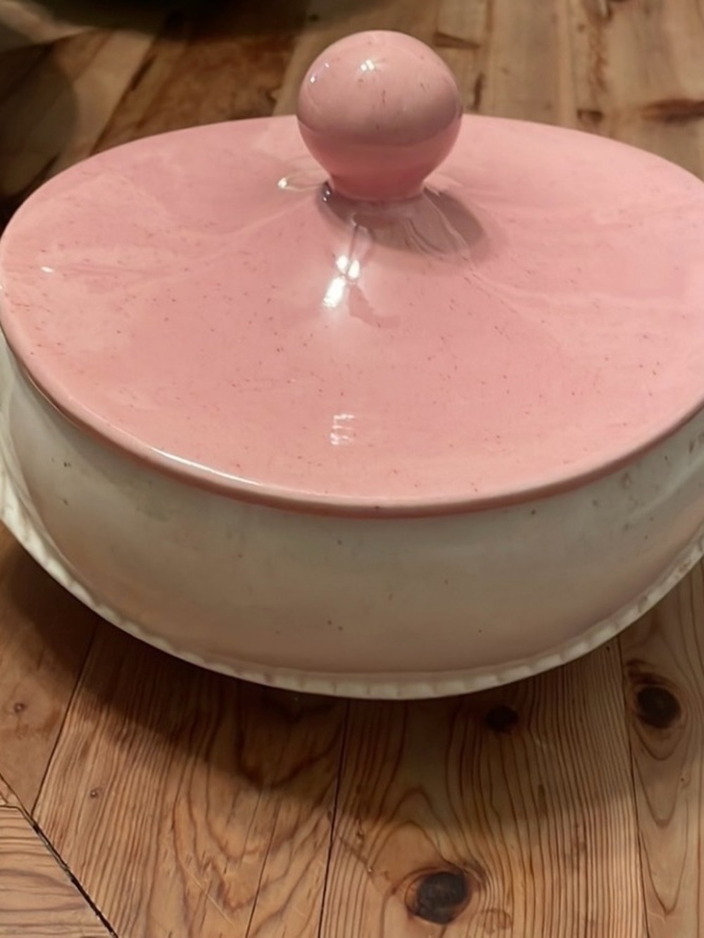 Vintage USA Pottery Pink Speckled Covered Casserole Dish with Lid Farmhouse
